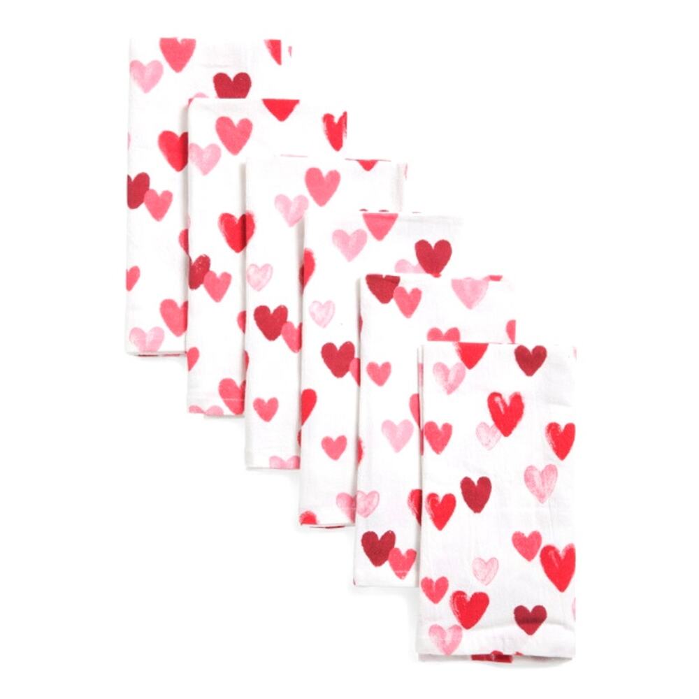 Rachel Zoe Set of 6 Heart Napkins 18x18 Valentines Day Pink Red White Cotton NEW